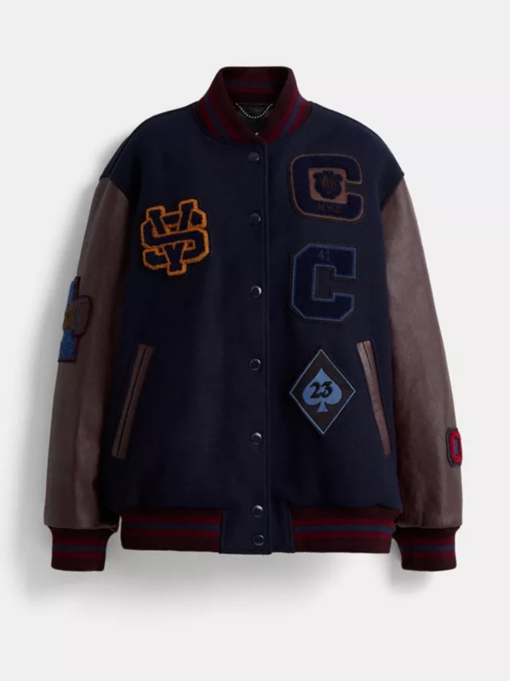 Coach Restored Varsity Jacket in Navy & Brown with Burgundy Trim [Unisex Large]